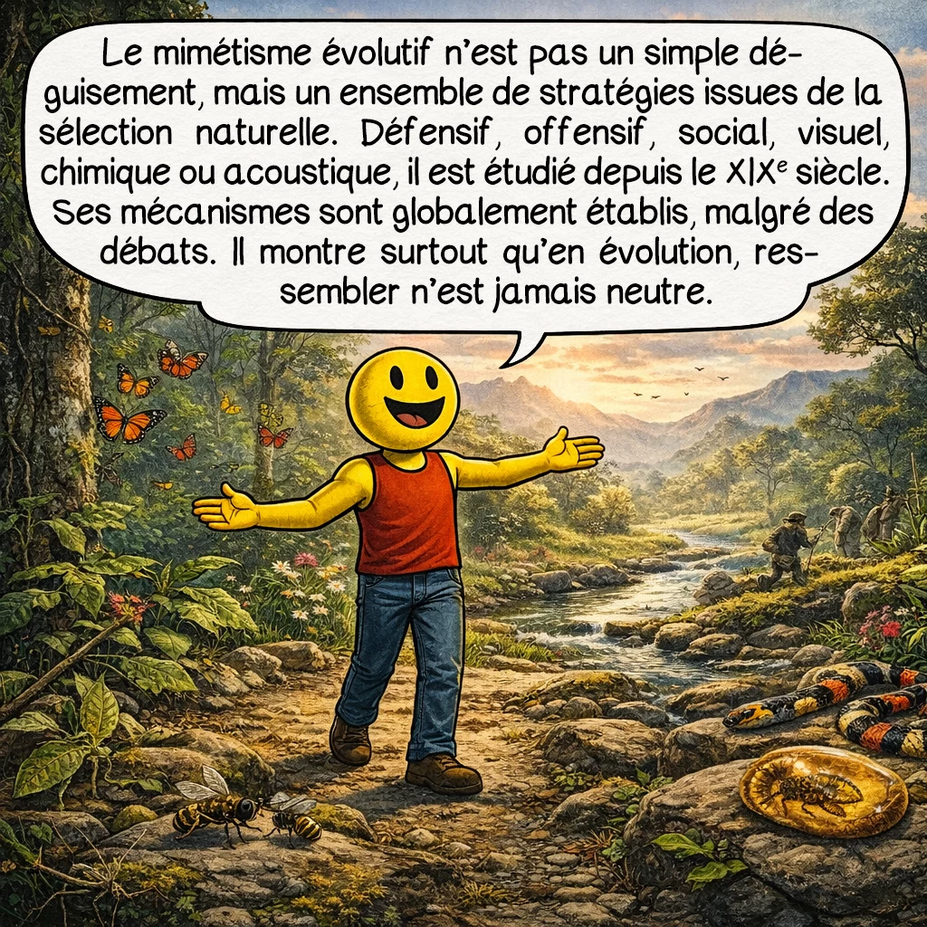 Le mimétisme évolutif, case 10 : Le mimétisme évolutif n’est donc ni un simple déguisement, ni une curiosité anecdotique. C’est un ensemble de stratégies façonnées par la sélection naturelle, la perception et les relations entre espèces. Il peut être défensif, offensif, social, visuel, chimique ou acoustique, et il s’inscrit dans une longue histoire scientifique commencée au XIXe siècle. Les grands mécanismes sont bien établis, même si certains cas limites restent discutés. Ce sujet nous rappelle surtout qu’en évolution, ressembler n’est jamais neutre. C’est souvent une manière très précise d’agir sur le monde vivant… et sur le regard des autres.