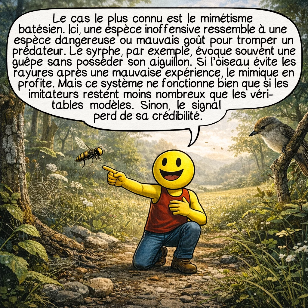 Le mimétisme évolutif, case 2 : Le cas le plus connu est le mimétisme batésien.Ici, une espèce inoffensive ressemble à une espèce dangereuse ou mauvais goût pour tromper un prédateur. Le syrphe, par exemple, évoque souvent une guêpe sans posséder son aiguillon.Si l’oiseau évite les rayures après une mauvaise expérience, le mimique en profite. Mais ce système ne fonctionne bien que si les imitateurs restent moins nombreux que les véritables modèles.Sinon, le signal perd de sa crédibilité."