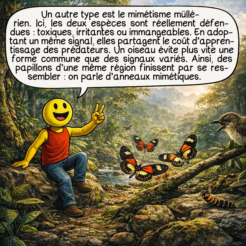 Le mimétisme évolutif, case 3 : Un autre grand type est le mimétisme müllérien.Cette fois, les deux espèces sont réellement défendues : elles sont toxiques, irritantes ou très désagréables à manger. En convergeant vers un même signal, elles partagent le coût de l’apprentissage des prédateurs. Un oiseau apprend plus vite à éviter une forme commune qu’une multitude de signaux différents. C’est pourquoi des groupes entiers de papillons peuvent finir par se ressembler dans une même région.On parle alors d’anneaux mimétiques.