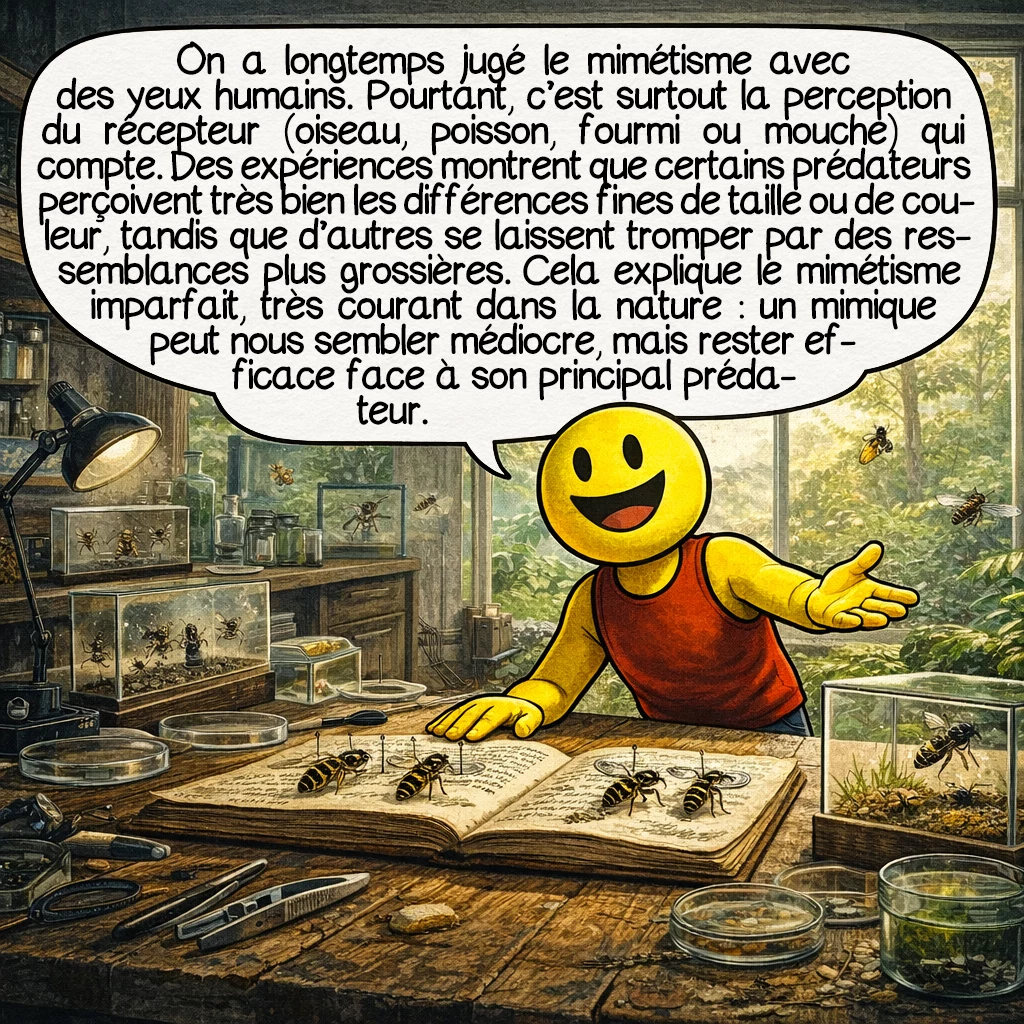 Le mimétisme évolutif, case 4 : Pendant longtemps, on a jugé le mimétisme avec des yeux humains. Or ce qui compte, c’est surtout la perception du récepteur : oiseau, poisson, fourmi, mouche ou autre. Des expériences récentes montrent que certains prédateurs distinguent très bien les différences fines de taille ou de couleur. D’autres, au contraire, sont moins exigeants et se laissent tromper par des ressemblances plus grossières.C’est une des clés du mimétisme imparfait, très fréquent dans la nature. Un mimique peut donc être médiocre pour nous, mais suffisant pour son principal prédateur.
