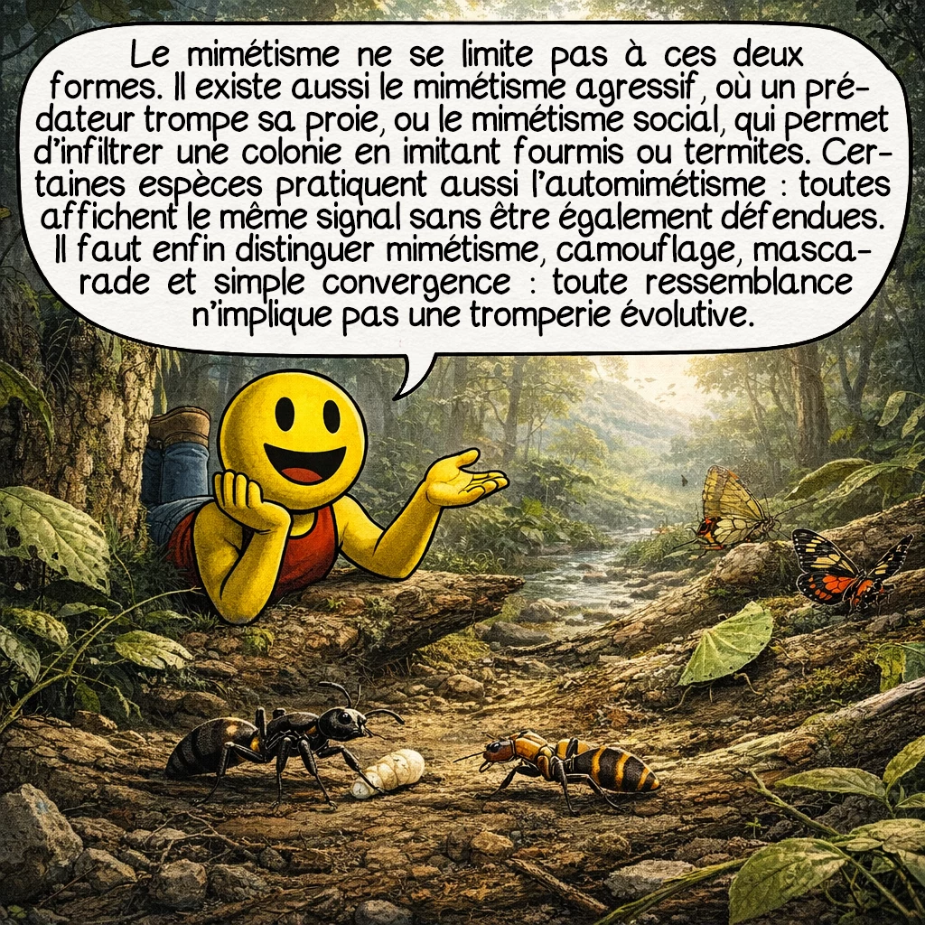 Le mimétisme évolutif, case 5 : Le mimétisme ne se limite pas à deux grandes catégories. Il existe aussi le mimétisme agressif, quand un prédateur trompe sa proie, et le mimétisme social, quand un intrus imite une fourmi ou un termite pour entrer dans la colonie. Certaines espèces pratiquent même l’automimétisme : tous les individus affichent un même signal, mais tous ne sont pas aussi bien défendus. Il faut aussi distinguer le mimétisme du camouflage, de la mascarade et de la simple convergence. Toute ressemblance n’est donc pas automatiquement une preuve de tromperie évolutive. Les biologistes sont très attentifs à cette nuance.
