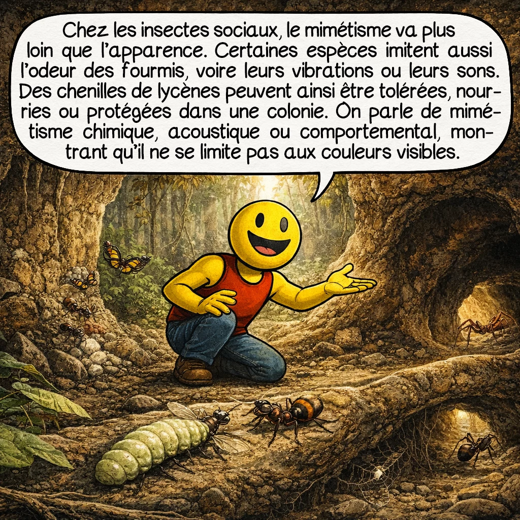 Le mimétisme évolutif, case 6 : Chez les insectes sociaux, le mimétisme devient encore plus fascinant. Certaines espèces n’imitent pas seulement la forme d’une fourmi : elles copient aussi son odeur, et parfois même des vibrations ou des sons. Des chenilles de lycènes peuvent ainsi être tolérées, nourries ou protégées au sein d’une colonie. On parle alors de mimétisme chimique, acoustique ou comportemental. Cela rappelle que le mimétisme n’est pas seulement une question de couleurs visibles. Il peut mobiliser plusieurs sens à la fois.