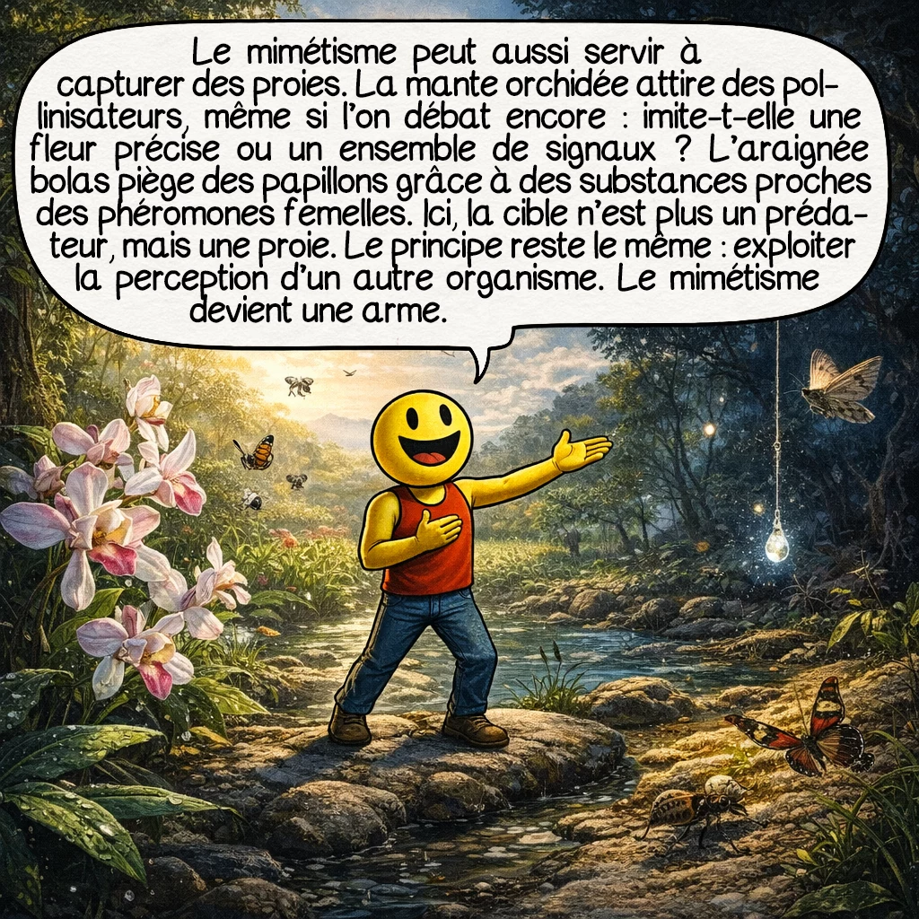 Le mimétisme évolutif, case 7 : Le mimétisme peut aussi servir à capturer. La mante orchidée attire réellement des pollinisateurs, même si les scientifiques discutent encore pour savoir si elle imite une fleur précise ou plutôt un ensemble de signaux floraux. L’araignée bolas, elle, attire certains papillons grâce à des substances proches des phéromones sexuelles des femelles. Dans ces cas, la victime n’est pas un prédateur à éviter, mais une proie à approcher.On reste pourtant dans la même logique générale : exploiter la perception d’un autre organisme.Le mimétisme est donc aussi une arme.