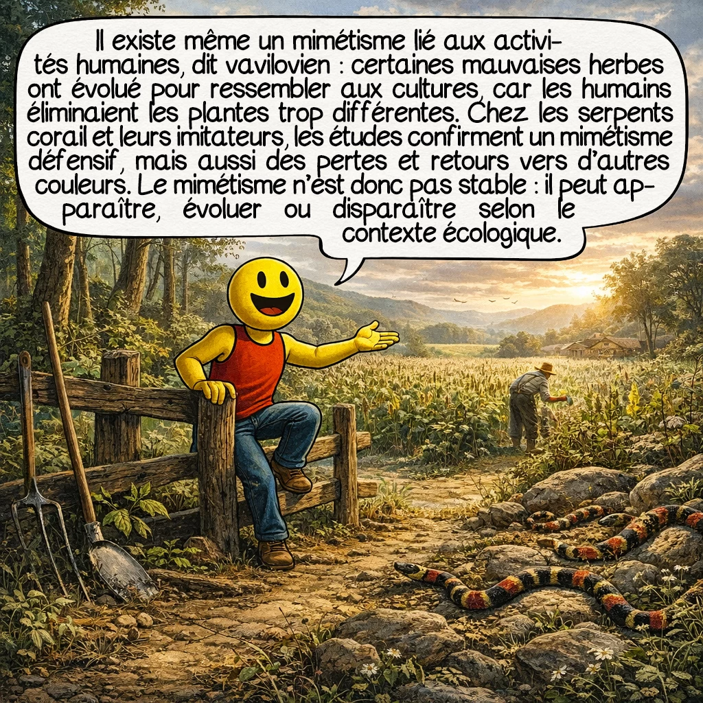 Le mimétisme évolutif, case 8 : Il existe même un mimétisme lié aux activités humaines : le mimétisme vavilovien. Certaines mauvaises herbes ont évolué pour ressembler aux cultures, car les humains éliminaient plus facilement les plantes trop différentes. Ailleurs, chez les serpents corail et leurs imitateurs, les études modernes soutiennent fortement l’idée d’un mimétisme défensif, mais montrent aussi des pertes et des retours vers d’autres couleurs. Autrement dit, le mimétisme n’est pas toujours une destination finale stable. Il peut apparaître, se transformer ou disparaître selon le contexte écologique. L’évolution reste dynamique.