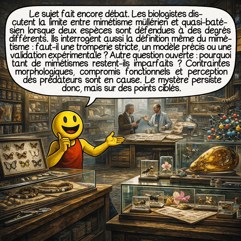 Le mimétisme évolutif, case 9 : Le sujet comporte encore des débats réels.Les biologistes discutent par exemple de la frontière entre mimétisme müllérien et quasi-batésien quand deux espèces sont défendues, mais pas au même degré. Ils débattent aussi de la meilleure définition du mot mimétisme : faut-il exiger une tromperie stricte, un modèle précis, ou une preuve expérimentale complète ? Autre question ouverte : pourquoi tant de mimétismes restent-ils imparfaits ? Les contraintes du corps, les compromis avec d’autres fonctions et la perception des prédateurs sont toutes envisagées.Le mystère n’est donc pas partout, mais il existe encore sur des points précis.
