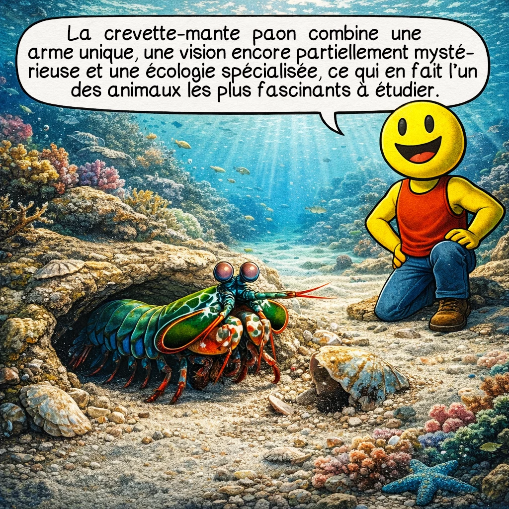 La crevette-mante paon, case 10 : La crevette-mante paon combine une arme unique, une vision encore partiellement mystérieuse et une écologie spécialisée, ce qui en fait l’un des animaux les plus fascinants à étudier.