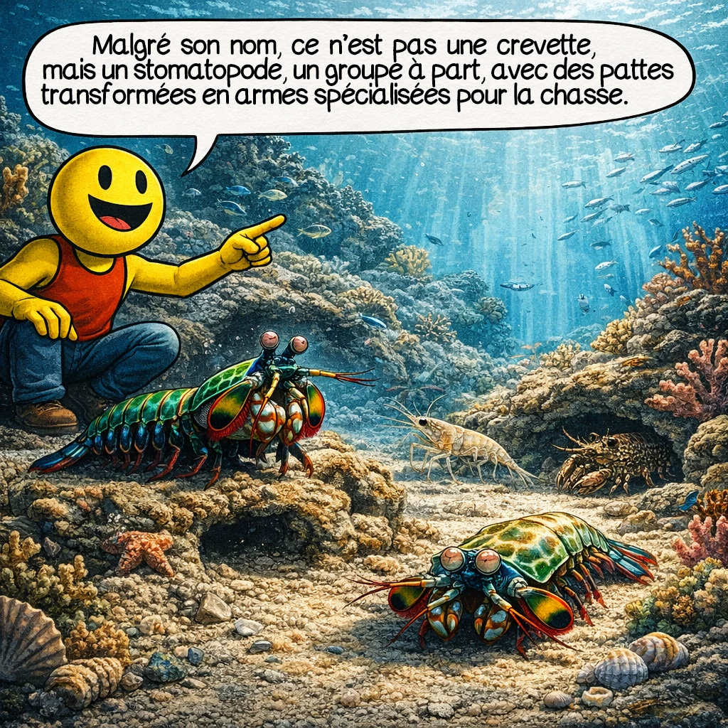 La crevette-mante paon, case 2 : Malgré son nom, ce n’est pas une vraie crevette, mais un stomatopode, un groupe à part, avec des pattes transformées en armes spécialisées pour la chasse.