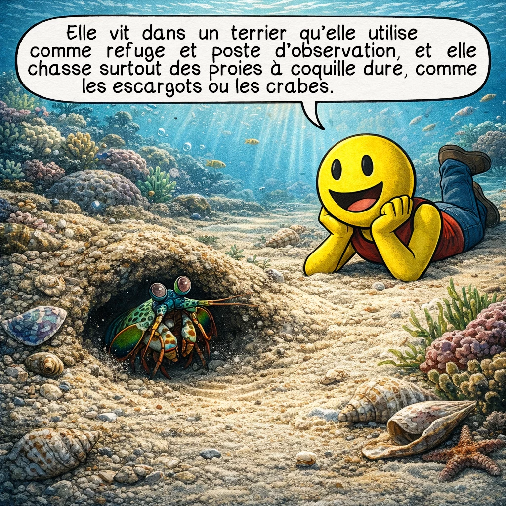 La crevette-mante paon, case 3 : Elle vit dans un terrier qu’elle utilise comme refuge et poste d’observation, et elle chasse surtout des proies à coquille dure, comme les escargots ou les crabes.