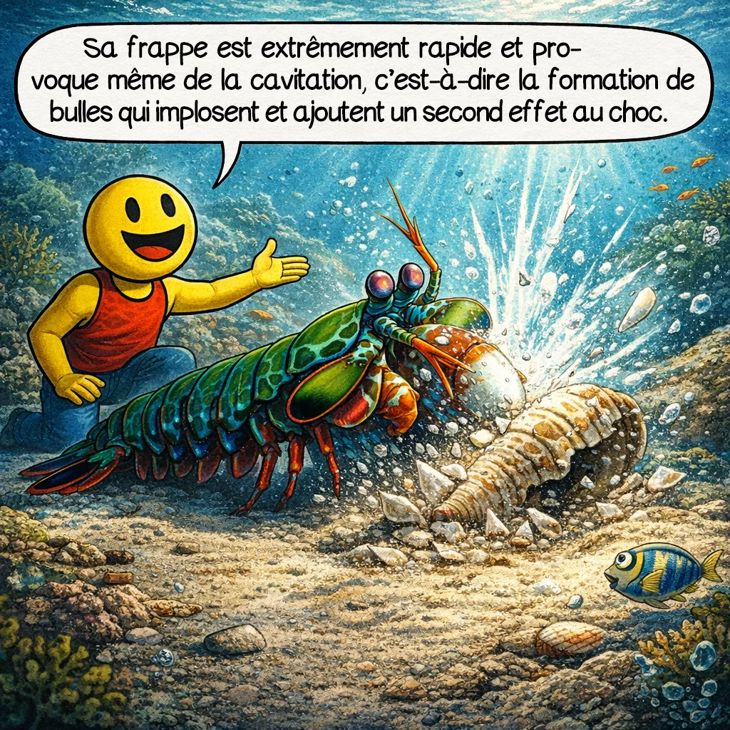 La crevette-mante paon, case 4 : Sa frappe est extrêmement rapide et provoque même de la cavitation, c’est-à-dire la formation de bulles qui implosent et ajoutent un second effet au choc.