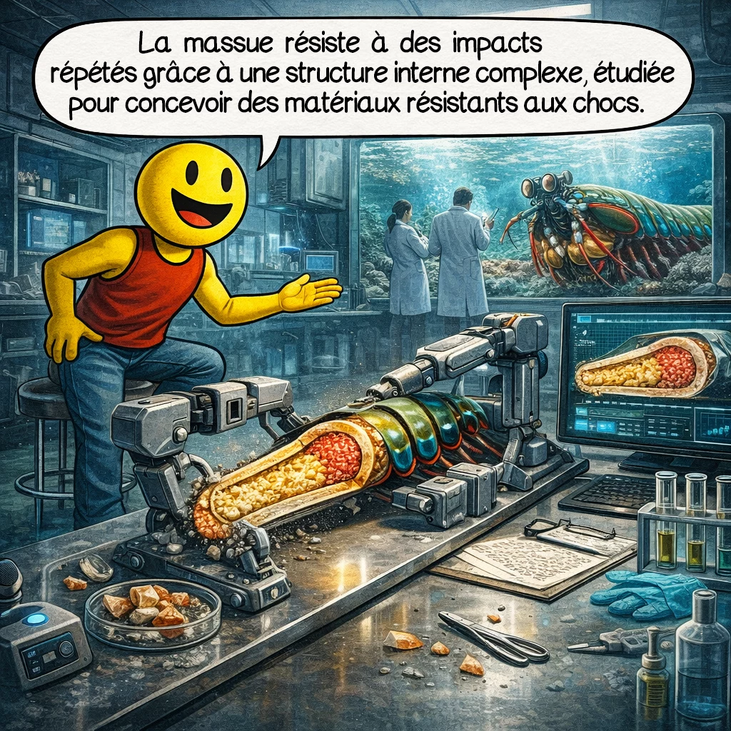 La crevette-mante paon, case 5 : La massue résiste à des impacts répétés grâce à une structure interne complexe, étudiée aujourd’hui pour concevoir des matériaux résistants aux chocs.
