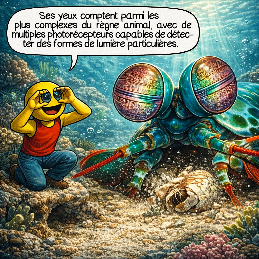 La crevette-mante paon, case 6 : Ses yeux sont parmi les plus complexes du règne animal, avec de nombreux types de photorécepteurs et une capacité à percevoir des formes particulières de lumière.