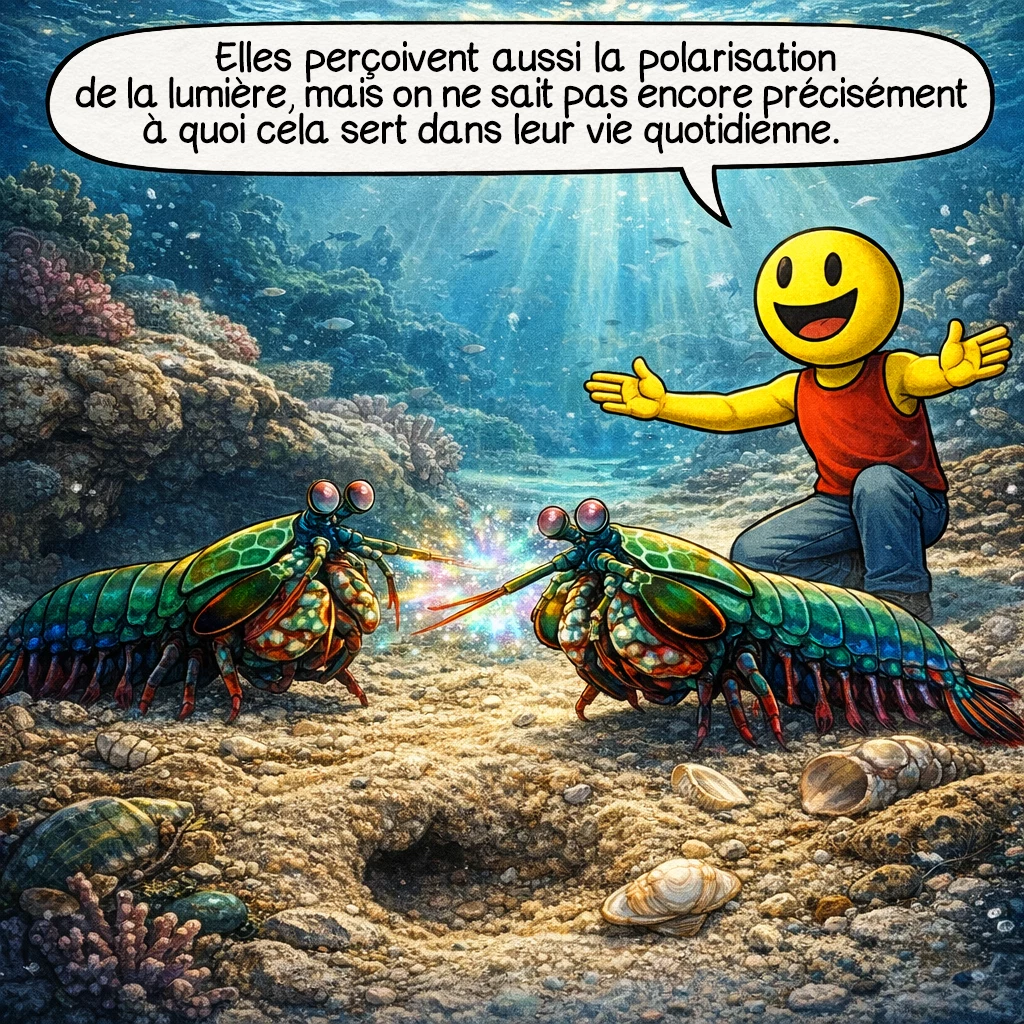 La crevette-mante paon, case 7 : Elles perçoivent aussi la polarisation de la lumière, mais on ne sait pas encore précisément à quoi cela sert dans leur vie quotidienne.