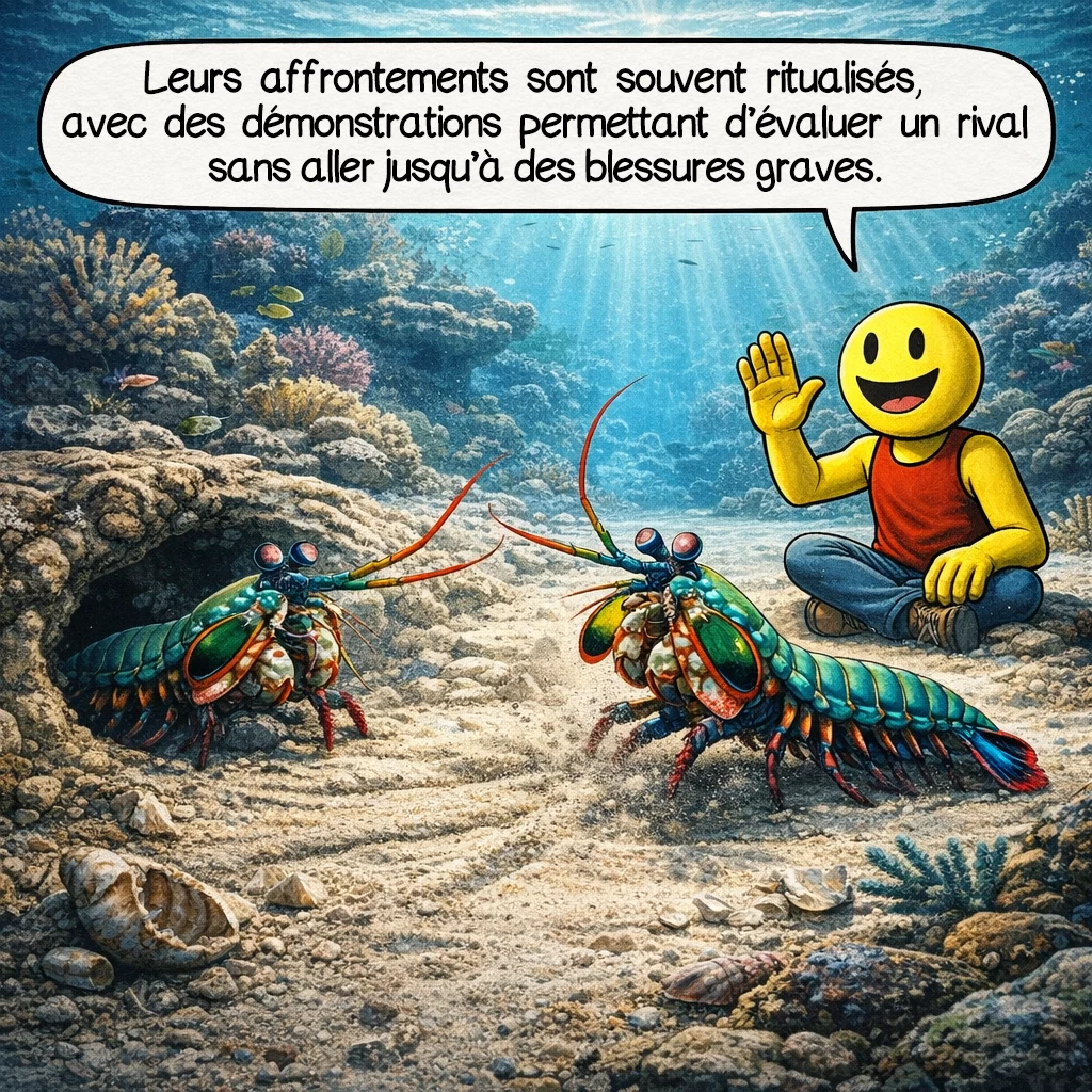 La crevette-mante paon, case 8 : Les affrontements entre individus sont souvent ritualisés, avec des démonstrations qui permettent d’évaluer un rival sans aller systématiquement jusqu’à des blessures graves.