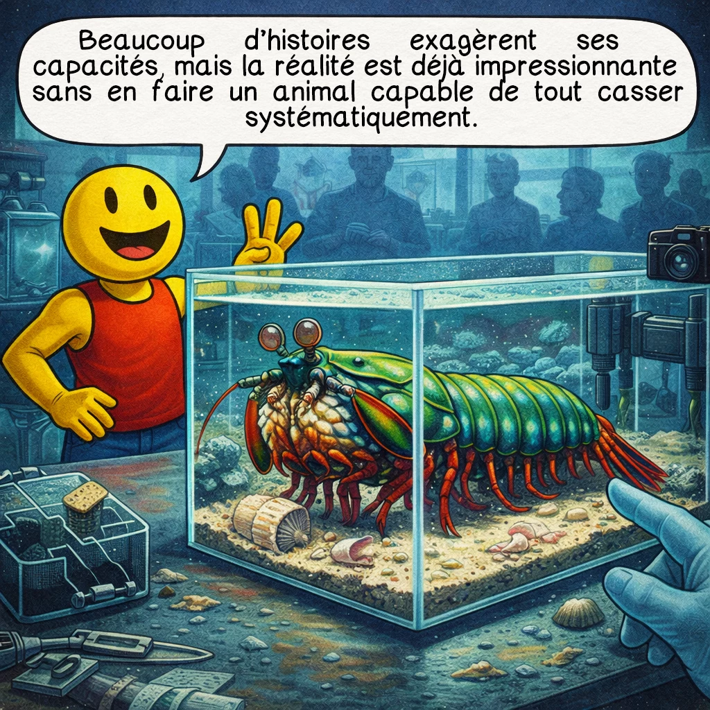 La crevette-mante paon, case 9 : Beaucoup d’histoires exagèrent ses capacités, mais la réalité est déjà impressionnante sans en faire un animal capable de tout casser systématiquement.