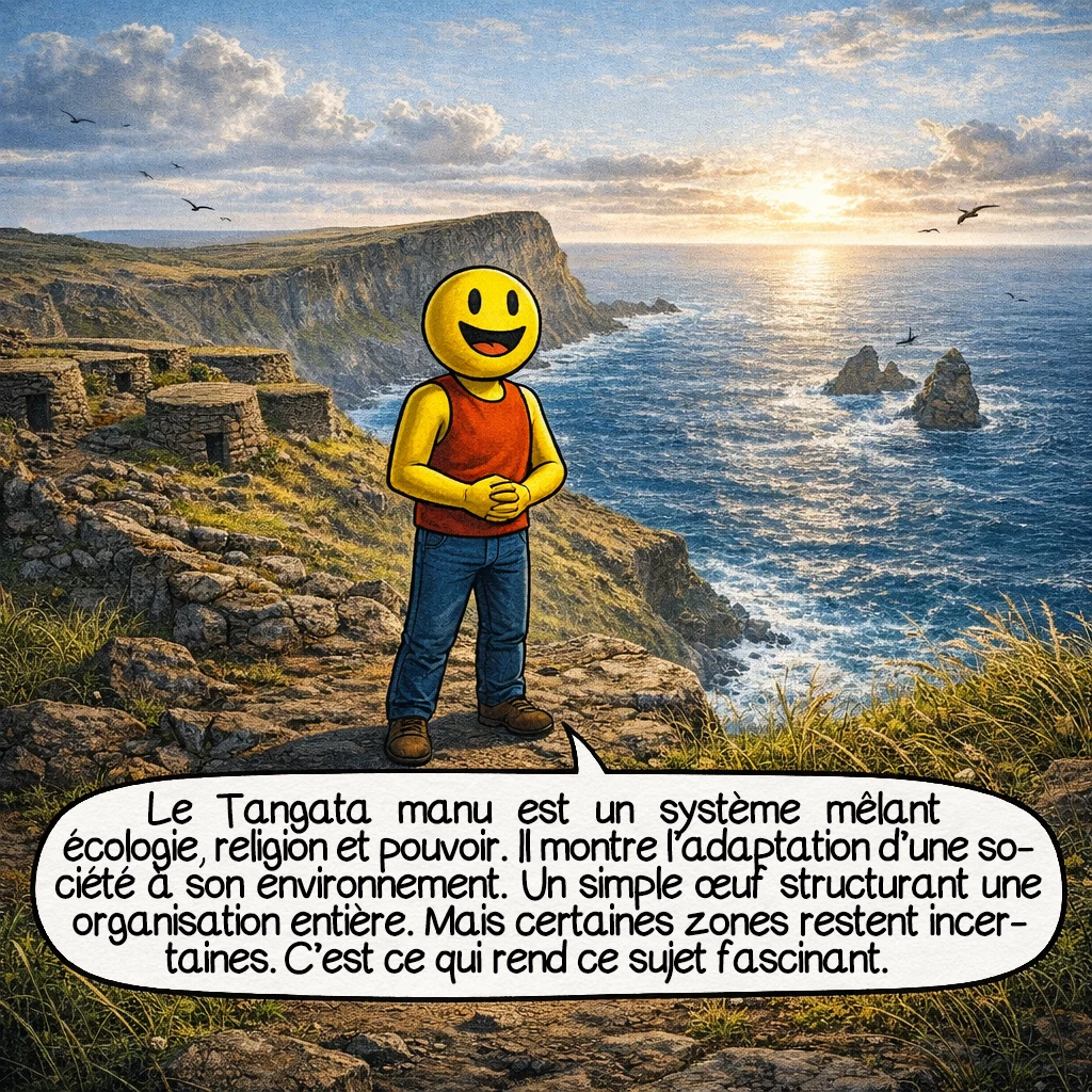 Le Tangata manu, case 10 : Le Tangata manu est un système mêlant écologie, religion et pouvoir. Il montre l’adaptation d’une société à son environnement. Un simple œuf structurant une organisation entière. Mais certaines zones restent incertaines. C’est ce qui rend ce sujet fascinant.