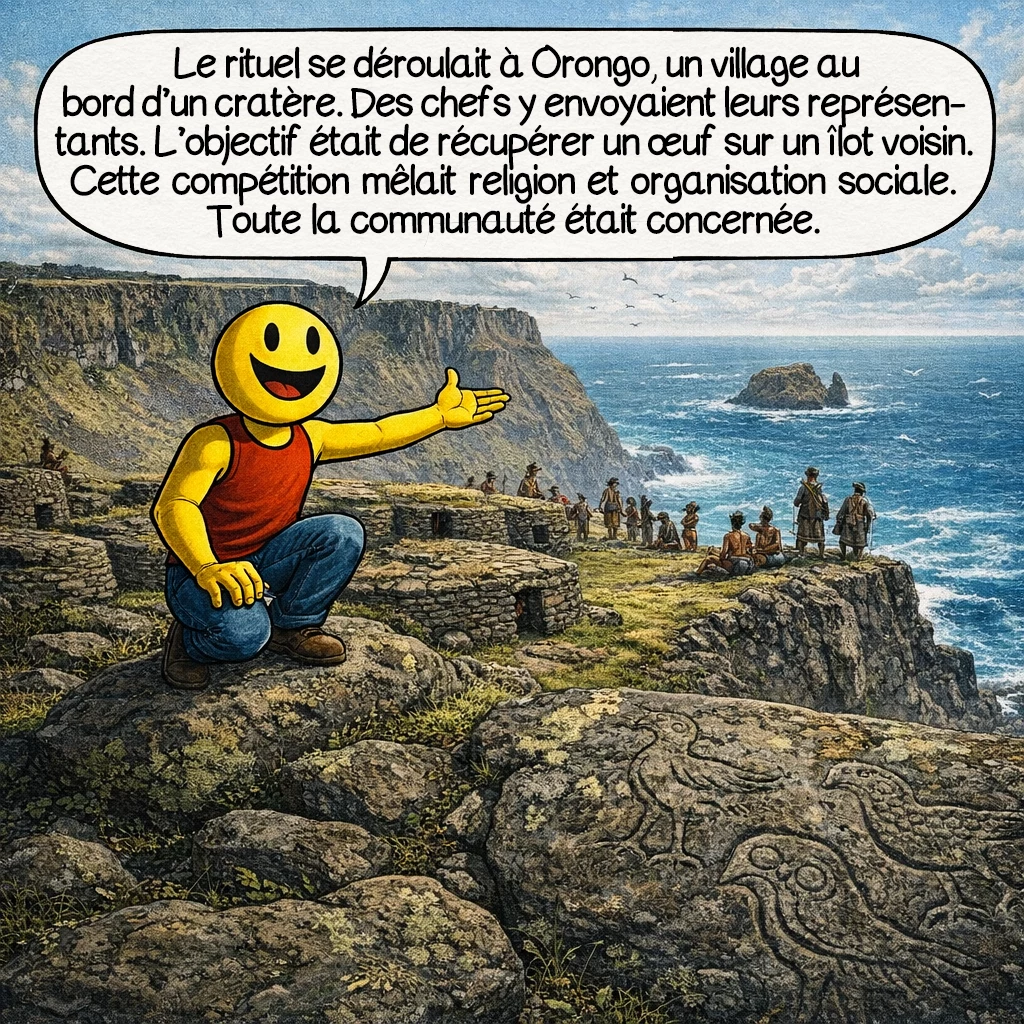 Le Tangata manu, case 2 : Le rituel se déroulait à Orongo, un village au bord d’un cratère. Des chefs y envoyaient leurs représentants. L’objectif était de récupérer un œuf sur un îlot voisin. Cette compétition mêlait religion et organisation sociale. Toute la communauté était concernée.