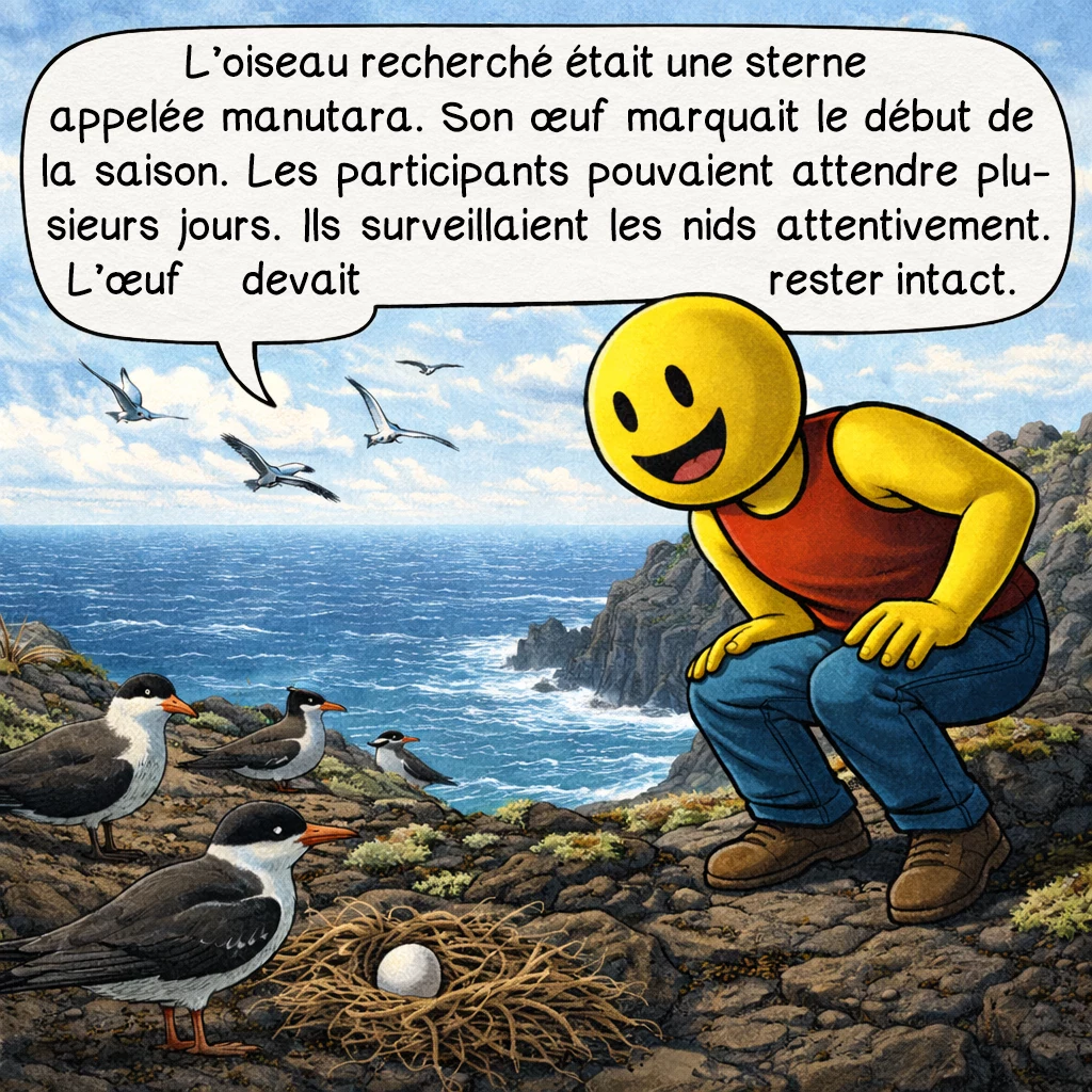 Le Tangata manu, case 4 : L’oiseau recherché était une sterne appelée manutara. Son œuf marquait le début de la saison. Les participants pouvaient attendre plusieurs jours. Ils surveillaient les nids attentivement. L’œuf devait rester intact.