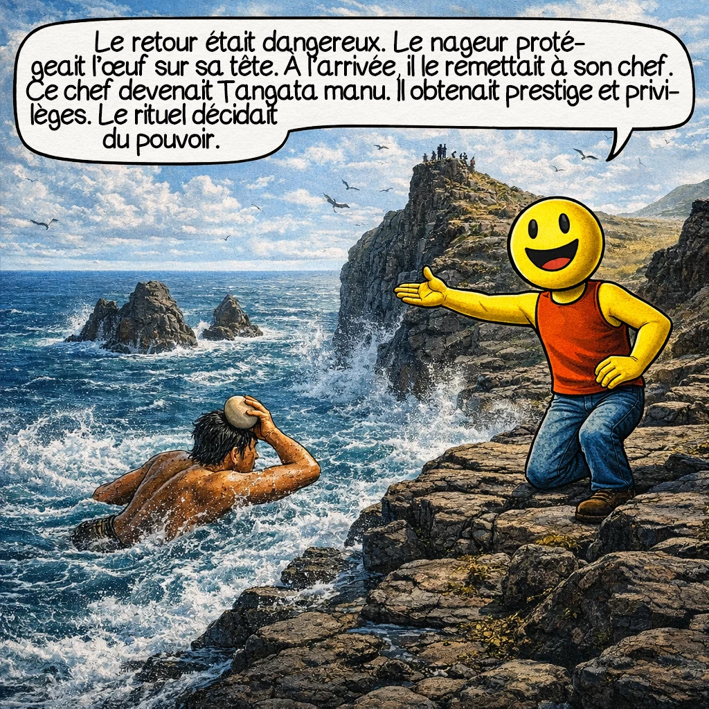 Le Tangata manu, case 5 : Le retour était dangereux. Le nageur protégeait l’œuf sur sa tête. À l’arrivée, il le remettait à son chef. Ce chef devenait Tangata manu. Il obtenait prestige et privilèges. Le rituel décidait du pouvoir.
