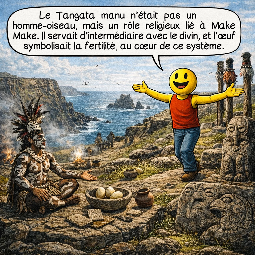Le Tangata manu, case 6 : Le Tangata manu n’était pas un homme transformé en oiseau. C’était un rôle religieux lié au dieu Make Make. Il servait d’intermédiaire avec le divin. L’œuf symbolisait la fertilité. Le système reposait sur ces idées.
