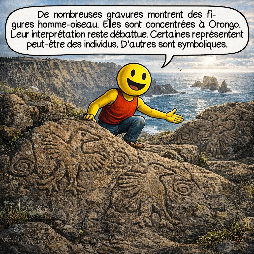 Le Tangata manu, case 7 : De nombreuses gravures montrent des figures homme-oiseau. Elles sont concentrées à Orongo. Leur interprétation reste débattue. Certaines représentent peut-être des individus. D’autres sont symboliques.