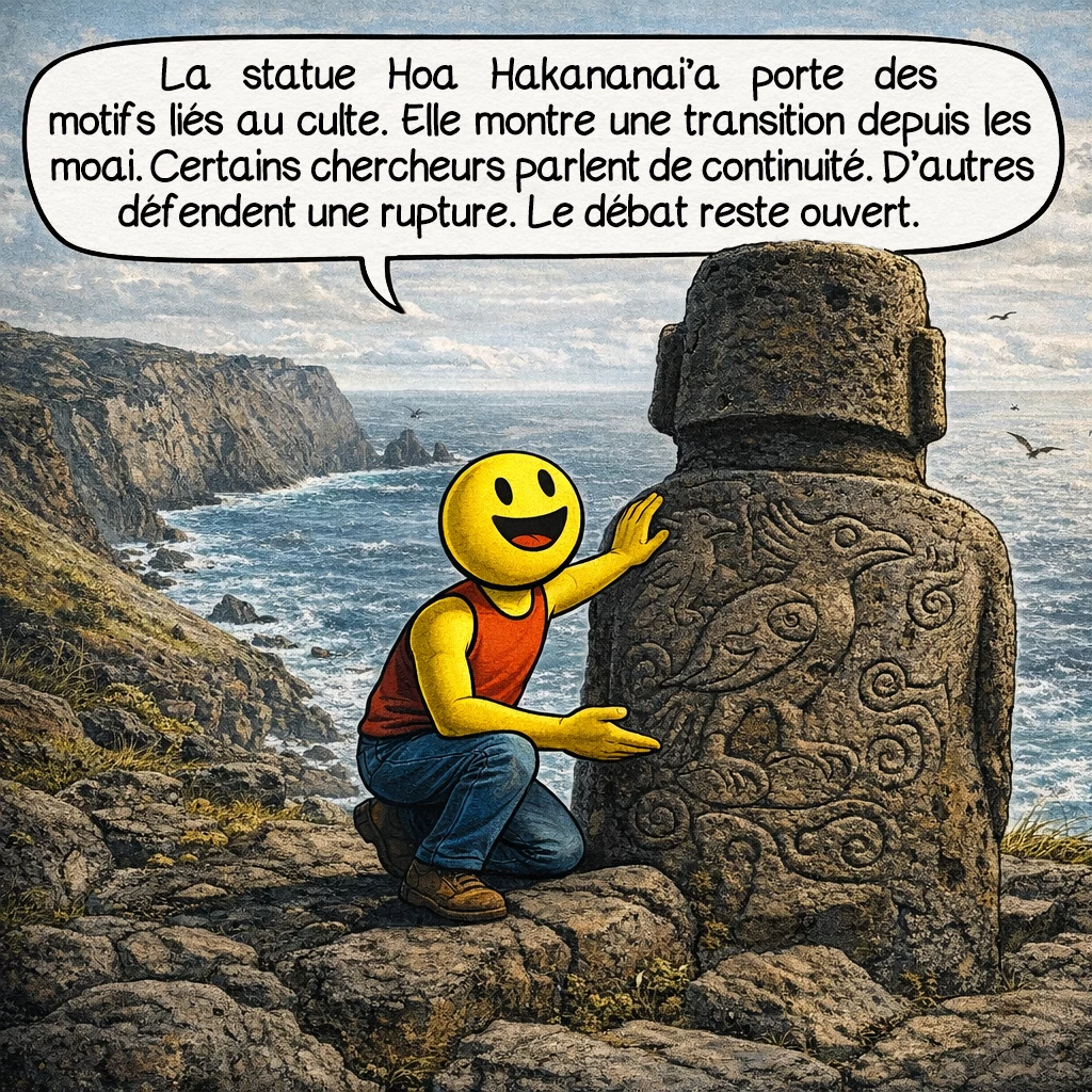 Le Tangata manu, case 8 : La statue Hoa Hakananai’a porte des motifs liés au culte. Elle montre une transition depuis les moai. Certains chercheurs parlent de continuité. D’autres défendent une rupture. Le débat reste ouvert.