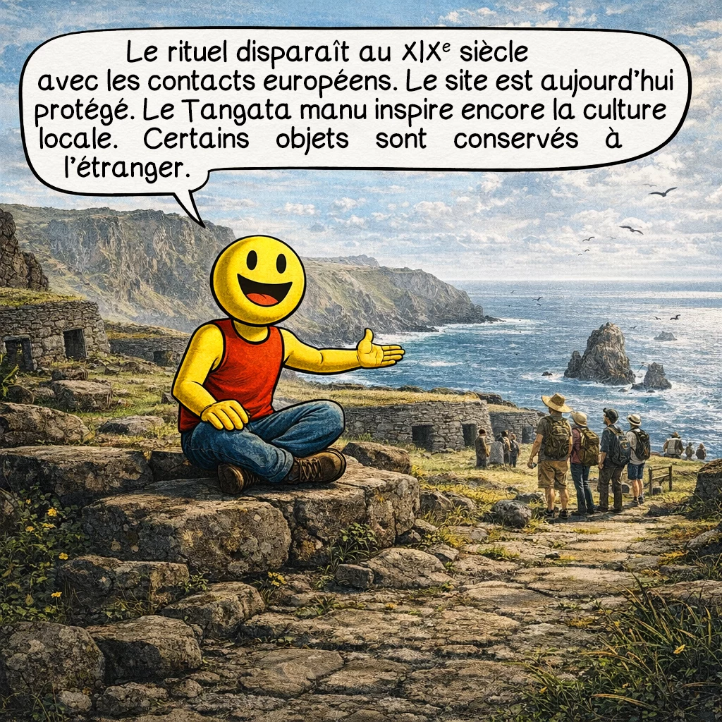 Le Tangata manu, case 9 : Le rituel a disparu au XIXe siècle avec les contacts européens. Le site est aujourd’hui protégé. Le Tangata manu inspire encore la culture locale. Il soulève aussi des questions patrimoniales. Certains objets sont conservés à l’étranger.
