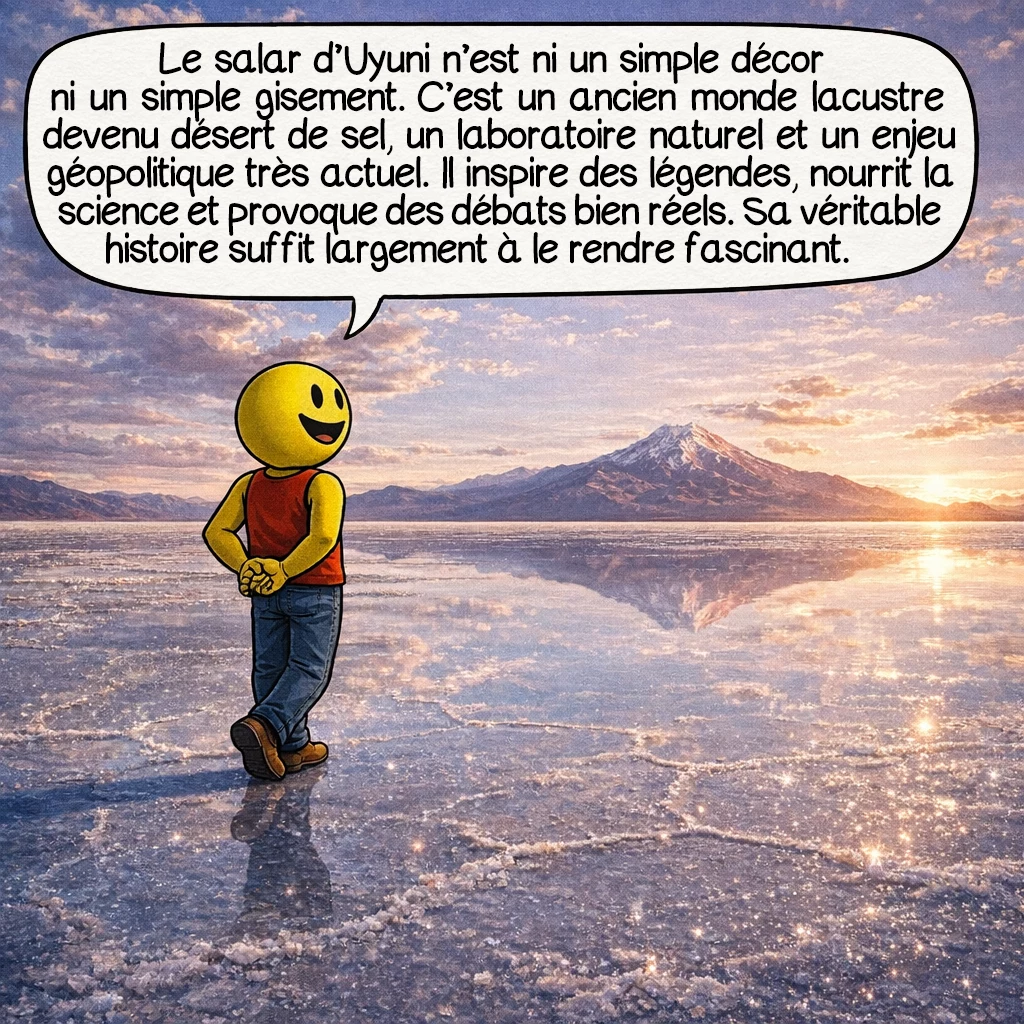 Le salar d’Uyuni, case 10 : Le salar d’Uyuni n’est ni un simple décor ni un simple gisement. C’est un ancien monde lacustre devenu désert de sel, un laboratoire naturel et un enjeu géopolitique très actuel. Il inspire des légendes, nourrit la science et provoque des débats bien réels. Sa véritable histoire suffit largement à le rendre fascinant.