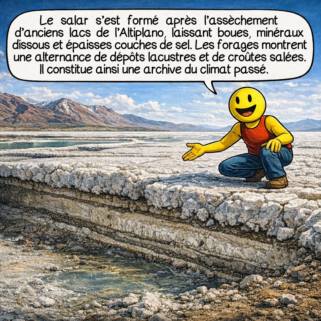 Le salar d’Uyuni, case 2 : Le salar s’est formé après la disparition d’anciens grands lacs de l’Altiplano. En s’asséchant, ils ont laissé des boues, des minéraux dissous et de grandes couches de sel. Les forages montrent plusieurs alternances entre dépôts lacustres et croûtes salées. Le salar est donc aussi une mémoire du climat passé.