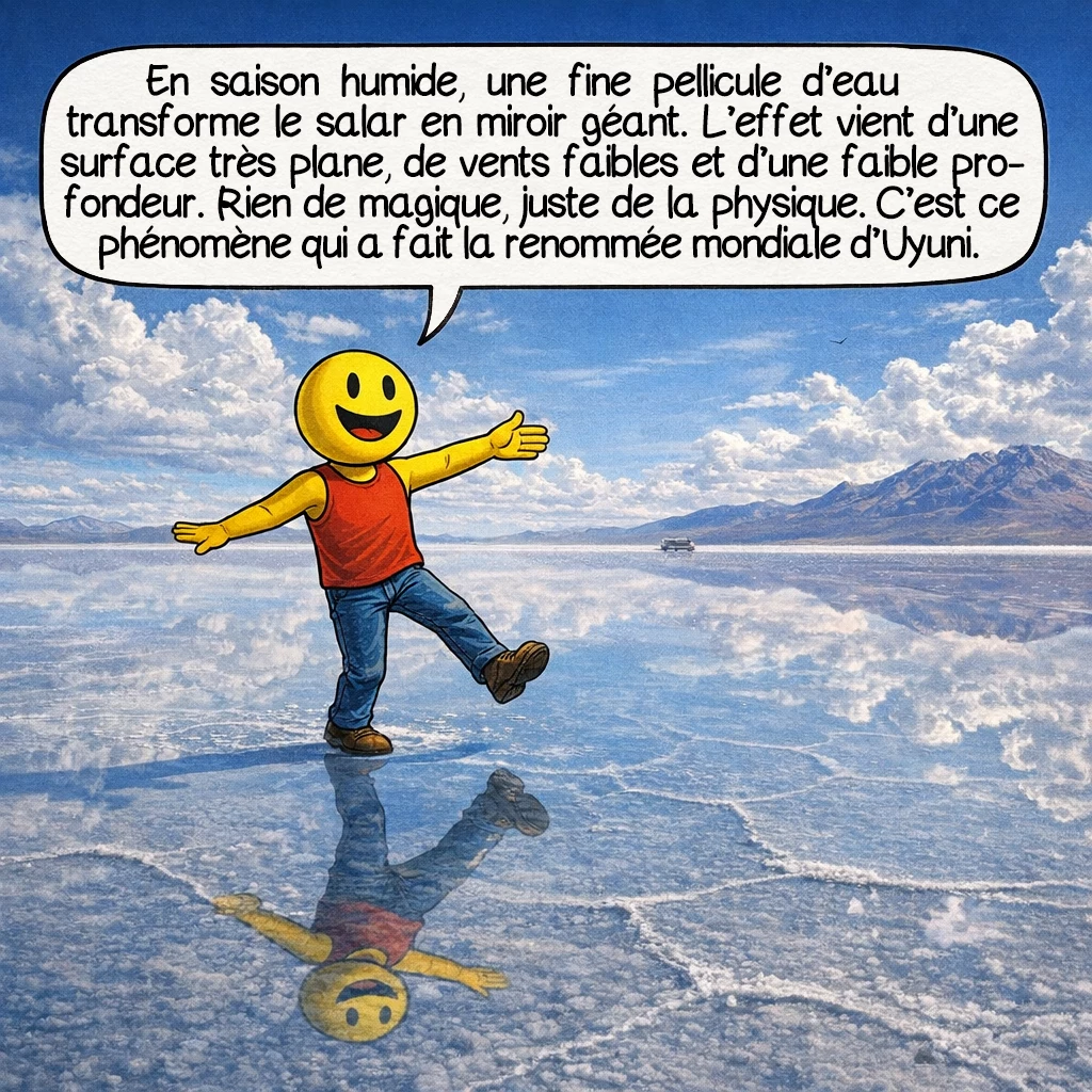 Le salar d’Uyuni, case 3 : En saison humide, une mince couche d’eau transforme le salar en immense miroir. L’effet dépend d’une surface très plane, de peu de vent et d’une faible profondeur d’eau. Ce n’est donc pas magique, mais physique. C’est aussi ce phénomène qui a rendu Uyuni si célèbre dans le monde entier.