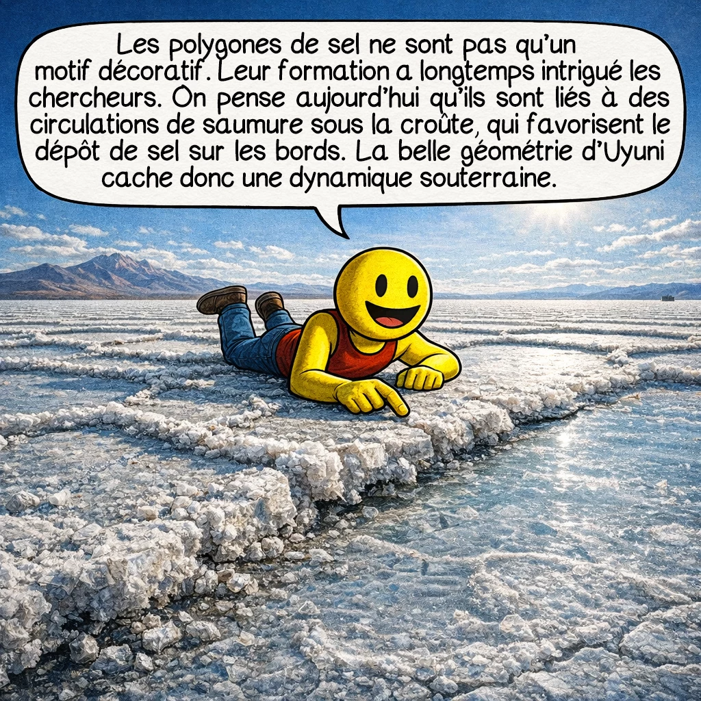 Le salar d’Uyuni, case 4 : Les polygones de sel ne sont pas qu’un motif décoratif. Leur formation a longtemps intrigué les chercheurs. On pense aujourd’hui qu’ils sont liés à des circulations de saumure sous la croûte, qui favorisent le dépôt de sel sur les bords. La belle géométrie d’Uyuni cache donc une dynamique souterraine.
