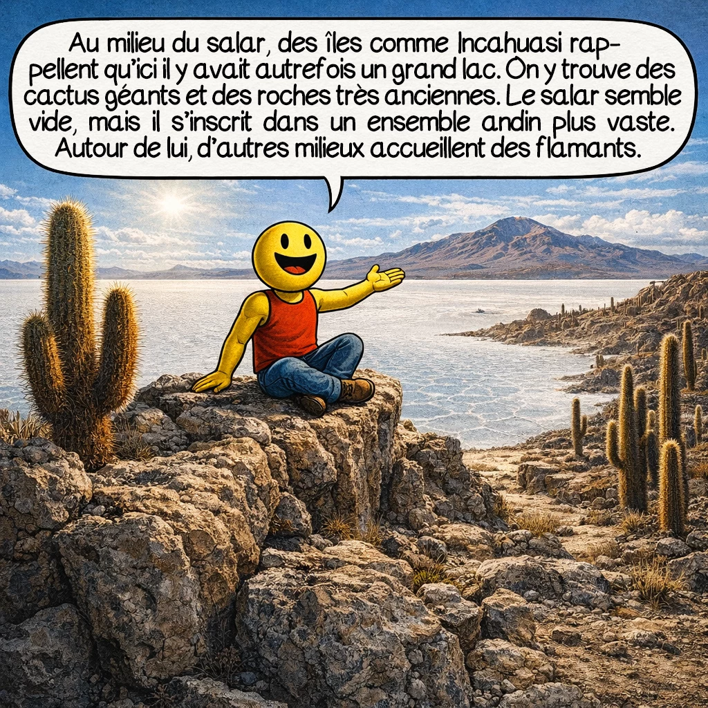 Le salar d’Uyuni, case 5 : Au milieu du salar, des îles comme Incahuasi rappellent qu’ici il y avait autrefois un grand lac. On y trouve des cactus géants et des roches très anciennes. Le salar semble vide, mais il s’inscrit dans un ensemble andin plus vaste. Autour de lui, d’autres milieux accueillent notamment des flamants.