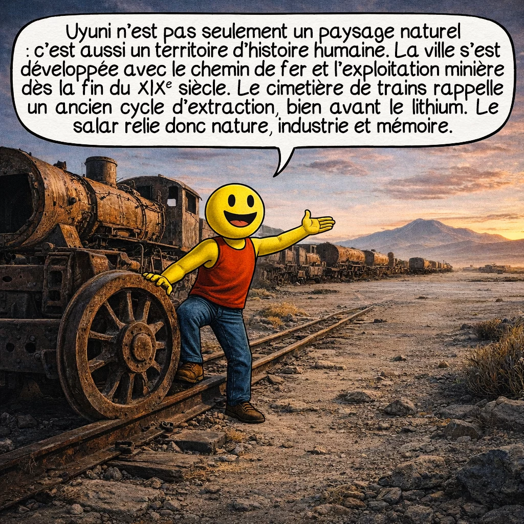 Le salar d’Uyuni, case 6 : Uyuni n’est pas seulement un paysage naturel : c’est aussi un territoire d’histoire humaine. La ville s’est développée avec le chemin de fer et l’exploitation minière dès la fin du XIXe siècle. Le cimetière de trains rappelle un ancien cycle d’extraction, bien avant le lithium. Le salar relie donc nature, industrie et mémoire.
