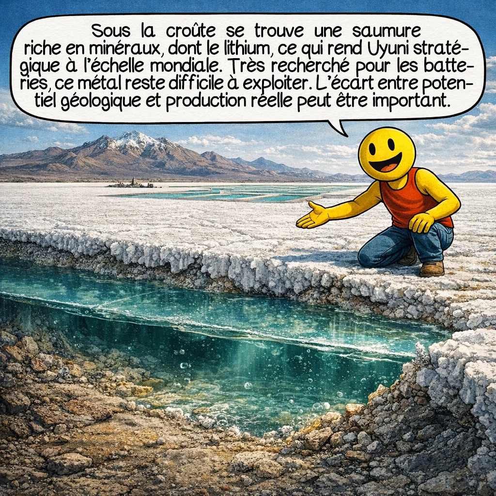 Le salar d’Uyuni, case 7 : Sous la croûte se trouve une saumure riche en minéraux, dont le lithium. C’est ce qui a rendu Uyuni si stratégique à l’échelle mondiale. Le lithium est recherché pour les batteries, mais une grande ressource n’est pas forcément facile à exploiter. Entre potentiel géologique et production réelle, l’écart peut être énorme.