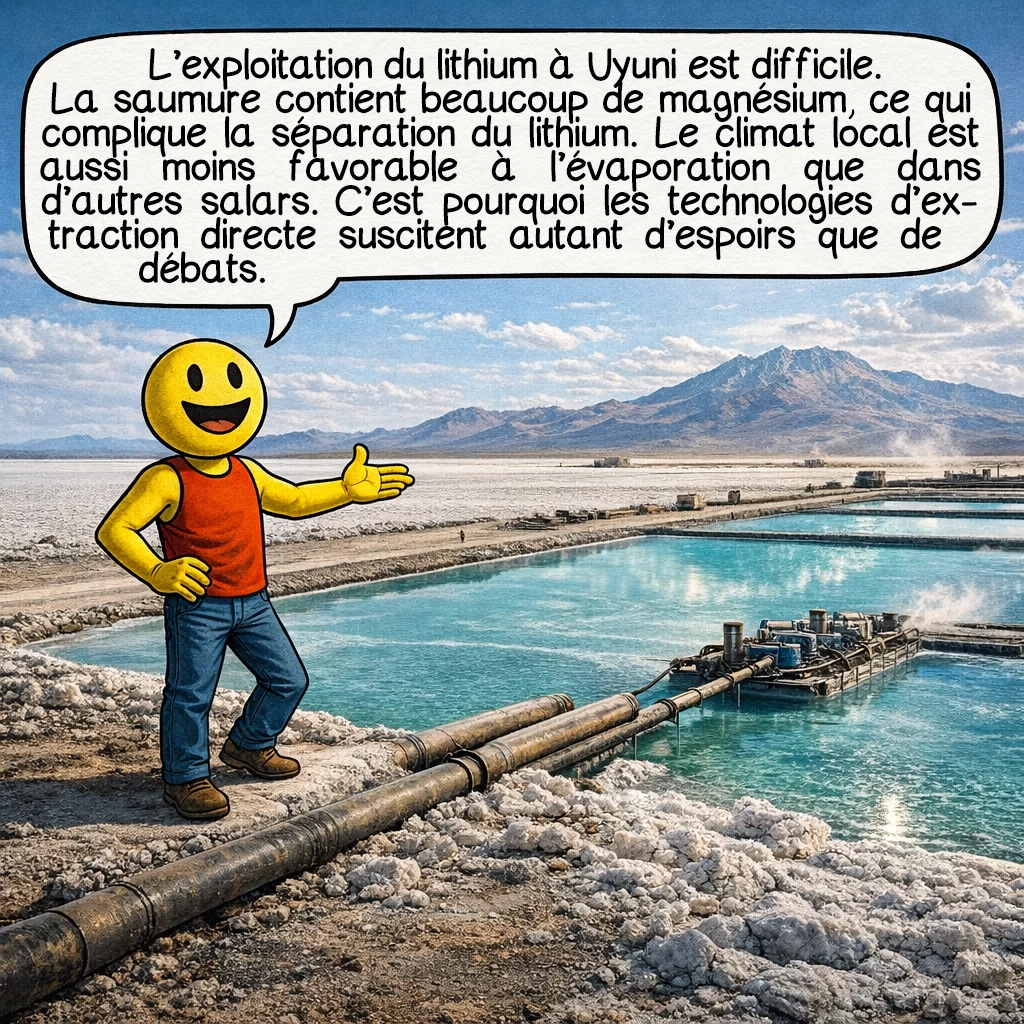 Le salar d’Uyuni, case 8 : L’exploitation du lithium à Uyuni est difficile. La saumure contient beaucoup de magnésium, ce qui complique la séparation du lithium. Le climat local est aussi moins favorable à l’évaporation que dans d’autres salars. C’est pourquoi les technologies d’extraction directe suscitent autant d’espoirs que de débats.