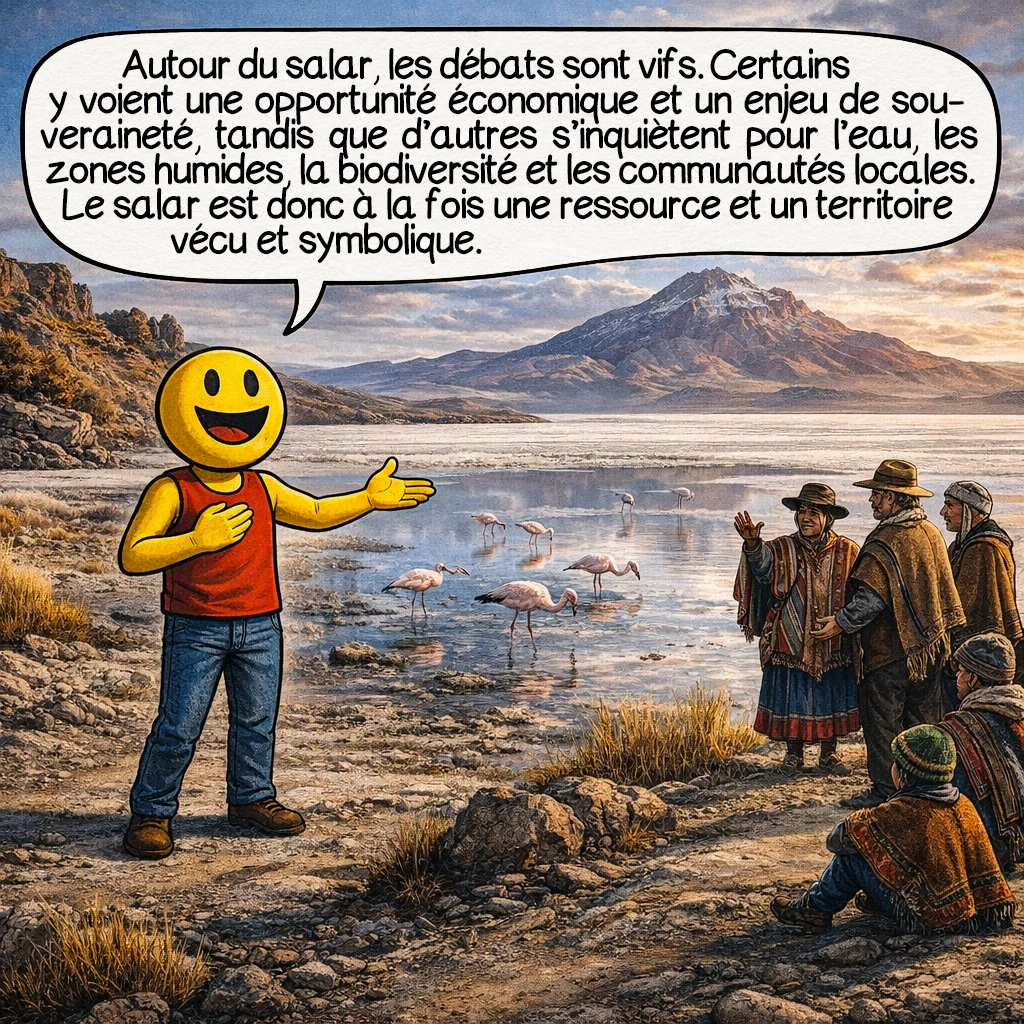 Le salar d’Uyuni, case 9 : Autour du salar, les débats sont nombreux. Certains y voient une grande opportunité économique et un enjeu de souveraineté. D’autres s’inquiètent pour l’eau, les zones humides, la biodiversité et les communautés locales. Le salar n’est donc pas seulement une ressource : c’est aussi un territoire vécu et symbolique.