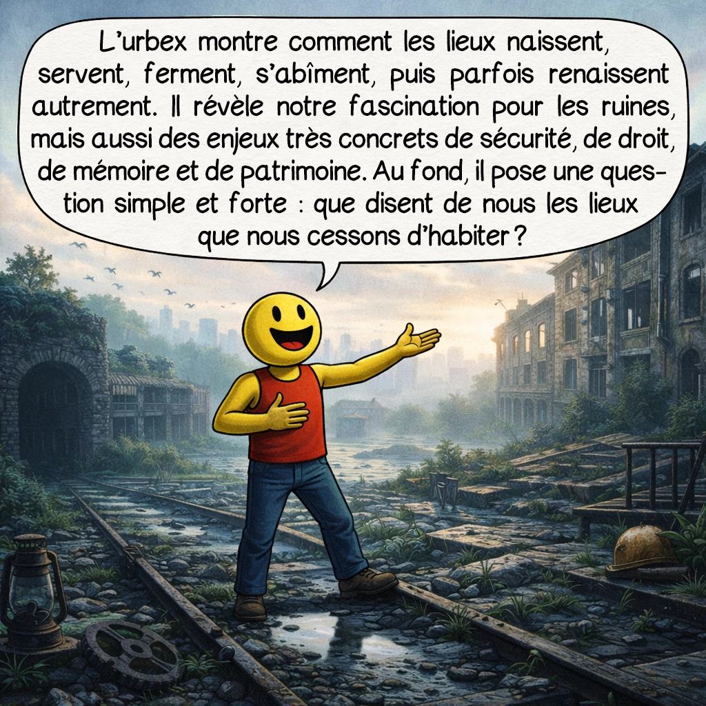 L’urbex, case 10 : L’urbex montre comment les lieux naissent, servent, ferment, s’abîment, puis parfois renaissent autrement. Il révèle notre fascination pour les ruines, mais aussi des enjeux très concrets de sécurité, de droit, de mémoire et de patrimoine. Au fond, il pose une question simple et forte : que disent de nous les lieux que nous cessons d’habiter ?