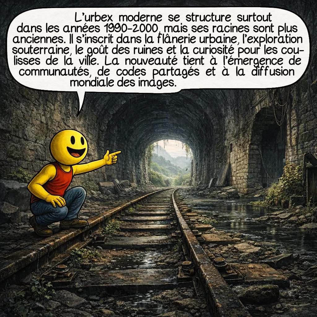 L’urbex, case 2 : L’urbex moderne s’est surtout structuré dans les années 1990 et 2000, mais ses racines sont plus anciennes. Il hérite à la fois de la flânerie urbaine, de l’exploration souterraine, du goût des ruines et de la curiosité pour les coulisses de la ville. Ce qui change à l’époque récente, c’est la naissance de communautés, de codes communs et la circulation mondiale des images.
