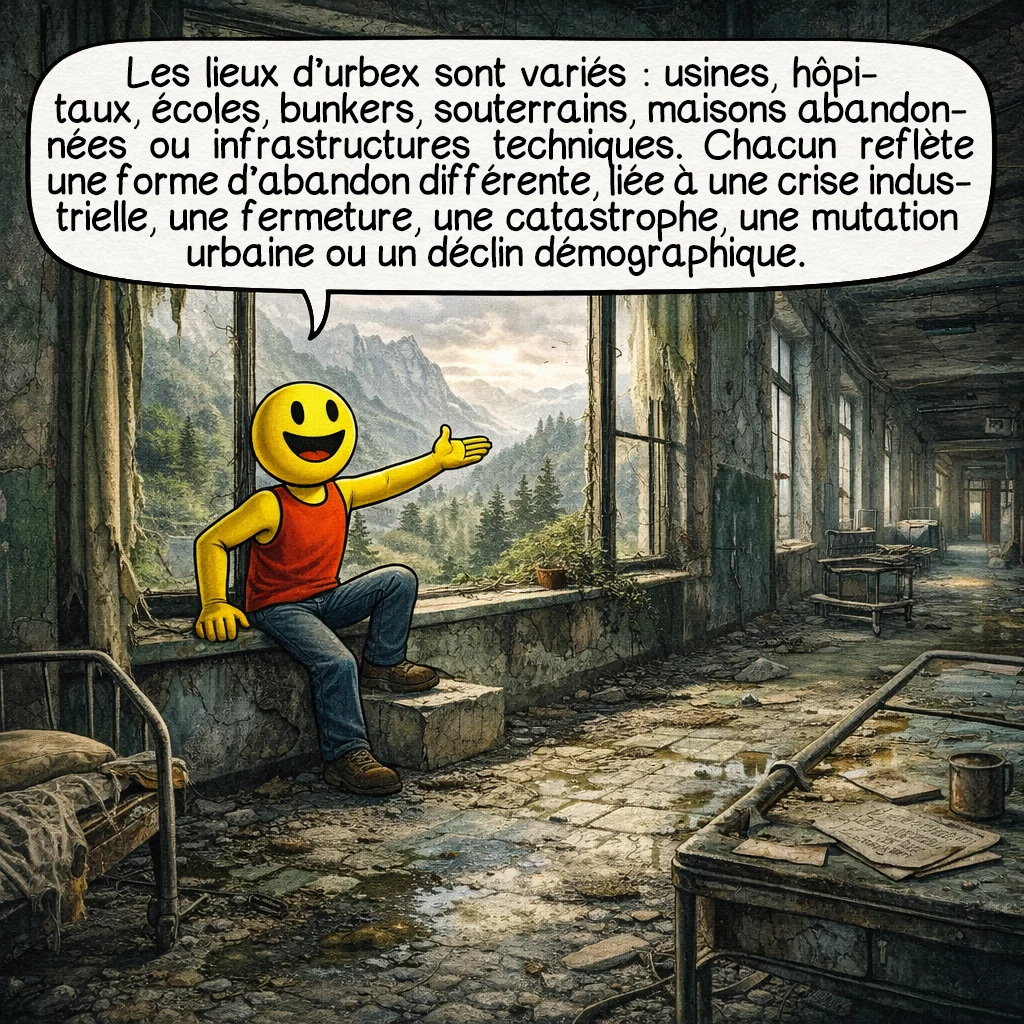 L’urbex, case 3 : Tous les lieux d’urbex ne se ressemblent pas. On y trouve des usines, hôpitaux, écoles, bunkers, souterrains, maisons désertées ou infrastructures techniques. Chaque catégorie raconte une forme différente d’abandon : crise industrielle, fermeture administrative, catastrophe, mutation urbaine ou déclin démographique.