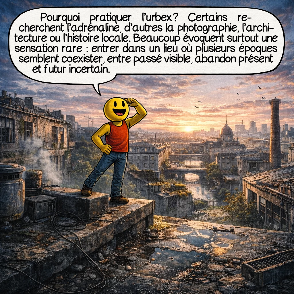 L’urbex, case 4 : Pourquoi pratiquer l’urbex ? Certains recherchent l’adrénaline, d’autres la photographie, l’architecture ou l’histoire locale. Beaucoup évoquent surtout une sensation rare : entrer dans un lieu où plusieurs époques semblent coexister, entre passé visible, abandon présent et futur incertain.