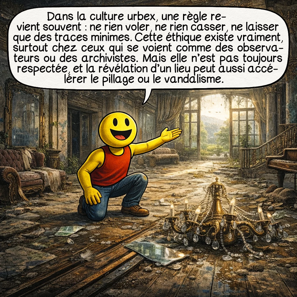 L’urbex, case 5 : Dans la culture urbex, une règle revient souvent : ne rien voler, ne rien casser, ne laisser que des traces minimes. Cette éthique existe vraiment, surtout chez ceux qui se voient comme des observateurs ou des archivistes. Mais elle n’est pas toujours respectée, et la révélation d’un lieu peut aussi accélérer le pillage ou le vandalisme.