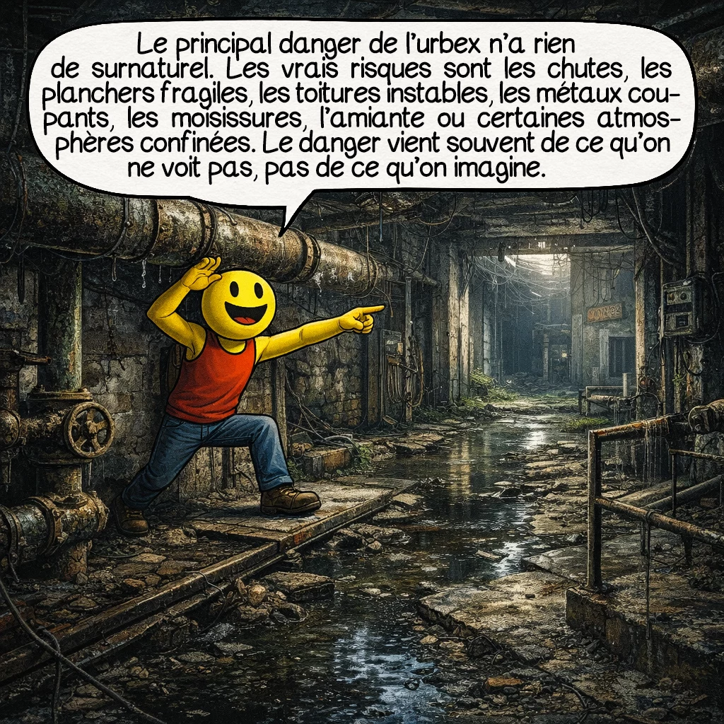 L’urbex, case 6 : Le principal danger de l’urbex n’a rien de surnaturel. Les vrais risques sont les chutes, les planchers fragiles, les toitures instables, les métaux coupants, les moisissures, l’amiante ou certaines atmosphères confinées. Le danger vient souvent de ce qu’on ne voit pas, pas de ce qu’on imagine.