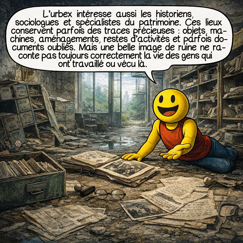 L’urbex, case 7 : L’urbex intéresse aussi les historiens, sociologues et spécialistes du patrimoine. Ces lieux conservent parfois des traces précieuses : objets, machines, aménagements, restes d’activités et parfois documents oubliés. Mais une belle image de ruine ne raconte pas toujours correctement la vie des gens qui ont travaillé ou vécu là.