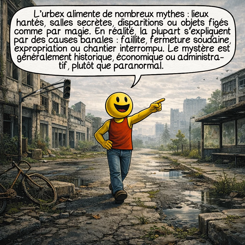 L’urbex, case 8 : L’urbex nourrit beaucoup de mythes populaires : lieux hantés, salles secrètes, disparitions mystérieuses ou objets restés intacts comme par magie. En réalité, la plupart des cas s’expliquent par des causes ordinaires, comme une faillite, une fermeture brutale, une expropriation ou un chantier bloqué. Le vrai mystère est souvent historique, économique ou administratif, pas paranormal.