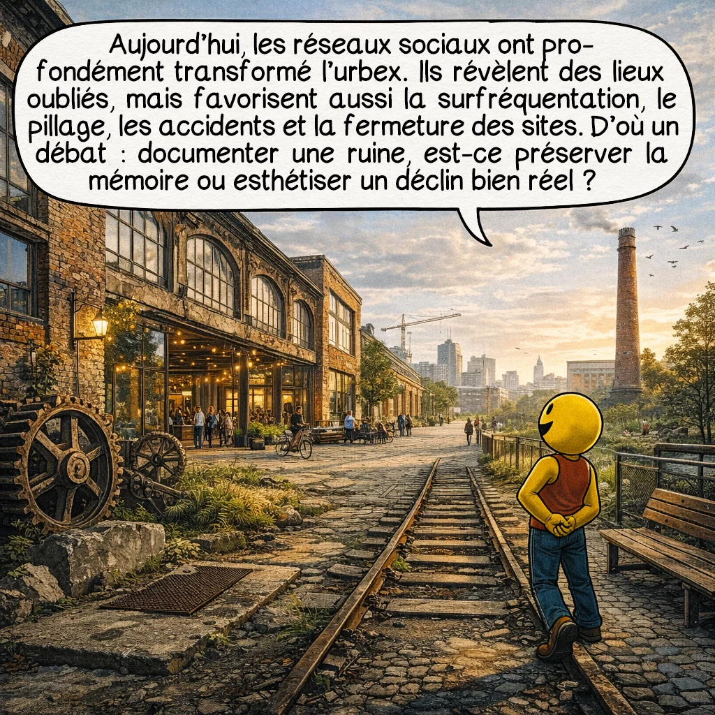 L’urbex, case 9 : Aujourd’hui, les réseaux sociaux ont profondément transformé l’urbex. Ils font découvrir des patrimoines oubliés, mais peuvent aussi provoquer surfréquentation, pillage, accidents ou fermeture rapide des sites. Un grand débat en découle : documenter une ruine, est-ce préserver une mémoire ou transformer un déclin réel en simple décor esthétique ?