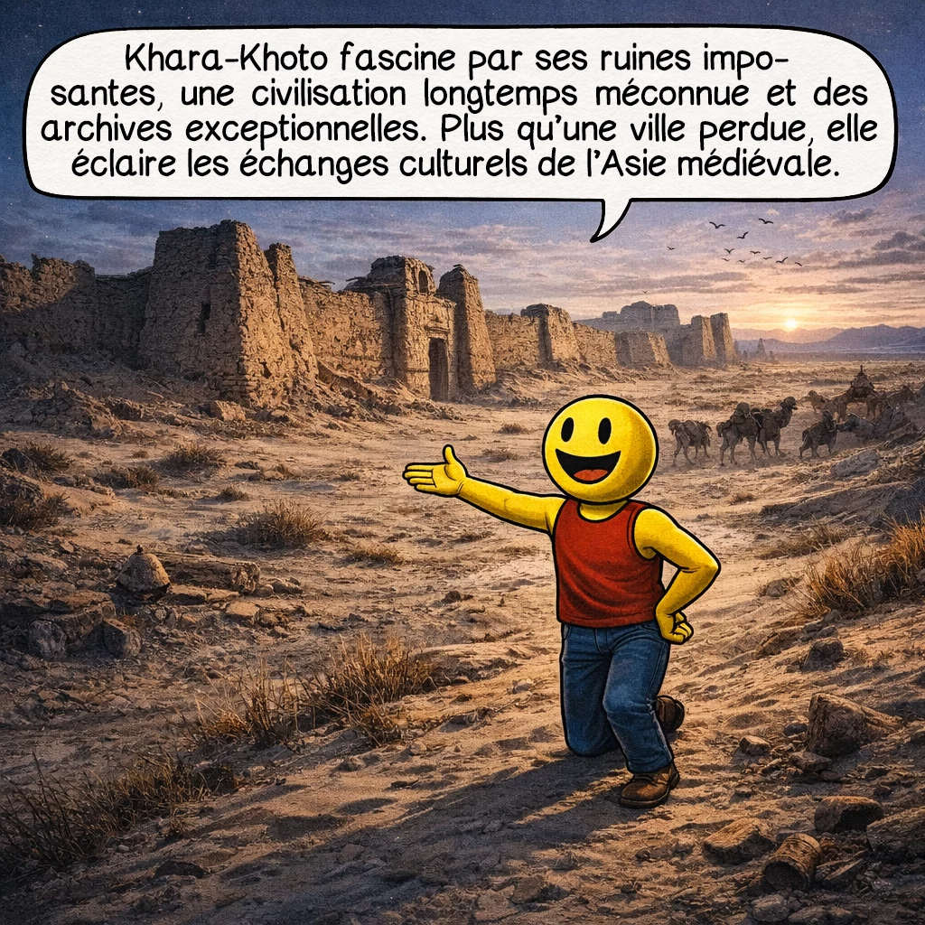 Khara-Khoto, case 10 : Khara-Khoto fascine parce qu’elle réunit des ruines imposantes, une civilisation longtemps mal connue et des archives extraordinaires. Plus qu’une ville perdue, c’est une clé pour comprendre les échanges culturels de l’Asie médiévale.