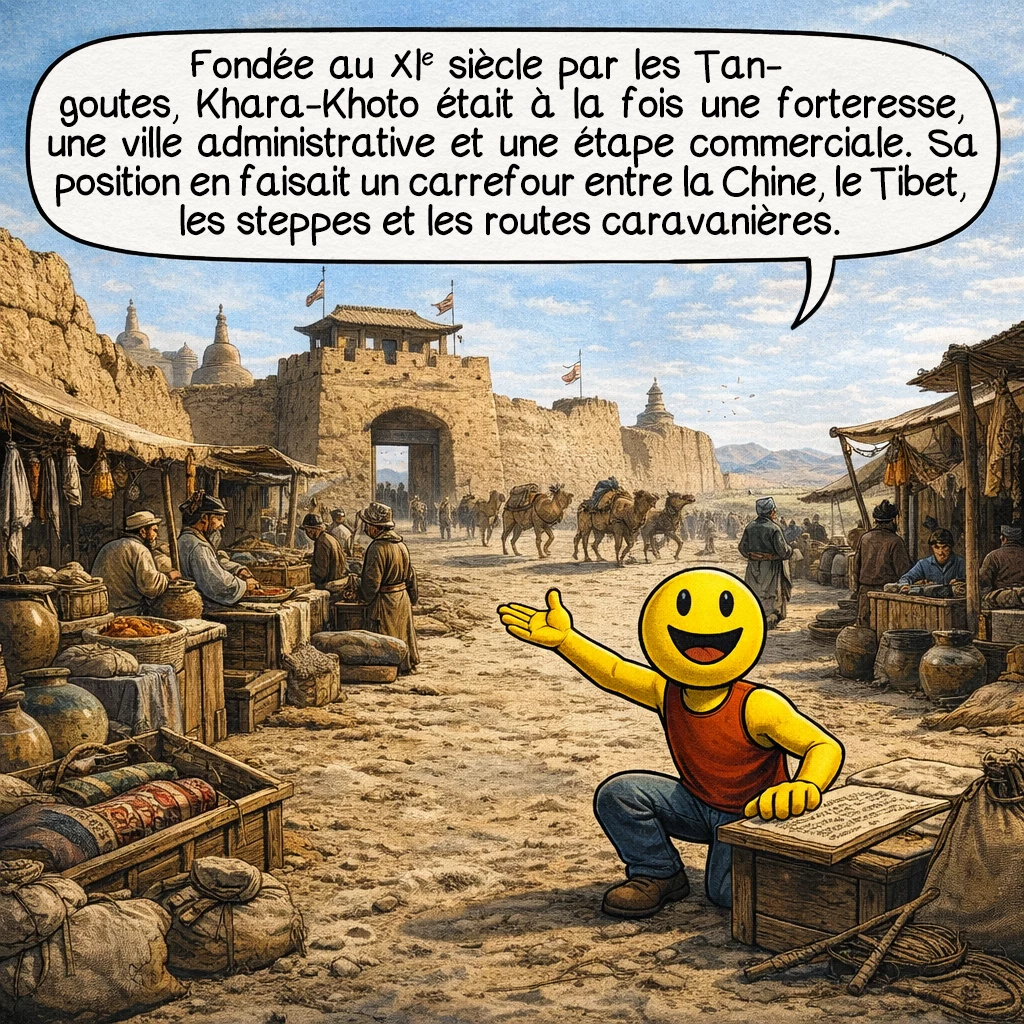 Khara-Khoto, case 2 : Fondée au XIe siècle par les Tangoutes, Khara-Khoto était à la fois une forteresse, une ville administrative et une étape commerciale. Sa position en faisait un carrefour entre la Chine, le Tibet, les steppes et les routes caravanières.