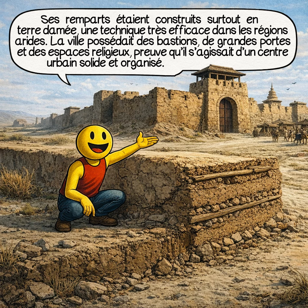 Khara-Khoto, case 3 : Ses remparts étaient construits surtout en terre damée, une technique très efficace dans les régions arides. La ville possédait des bastions, de grandes portes et des espaces religieux, preuve qu’il s’agissait d’un centre urbain solide et organisé.