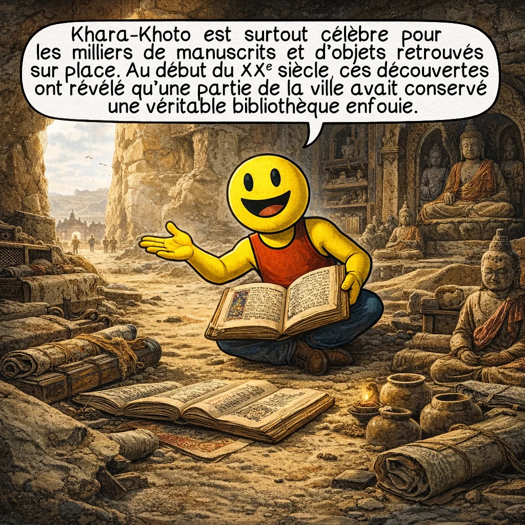 Khara-Khoto, case 5 : Khara-Khoto est surtout célèbre pour les milliers de manuscrits et d’objets retrouvés sur place. Au début du XXe siècle, ces découvertes ont révélé qu’une partie de la ville avait conservé une véritable bibliothèque enfouie.