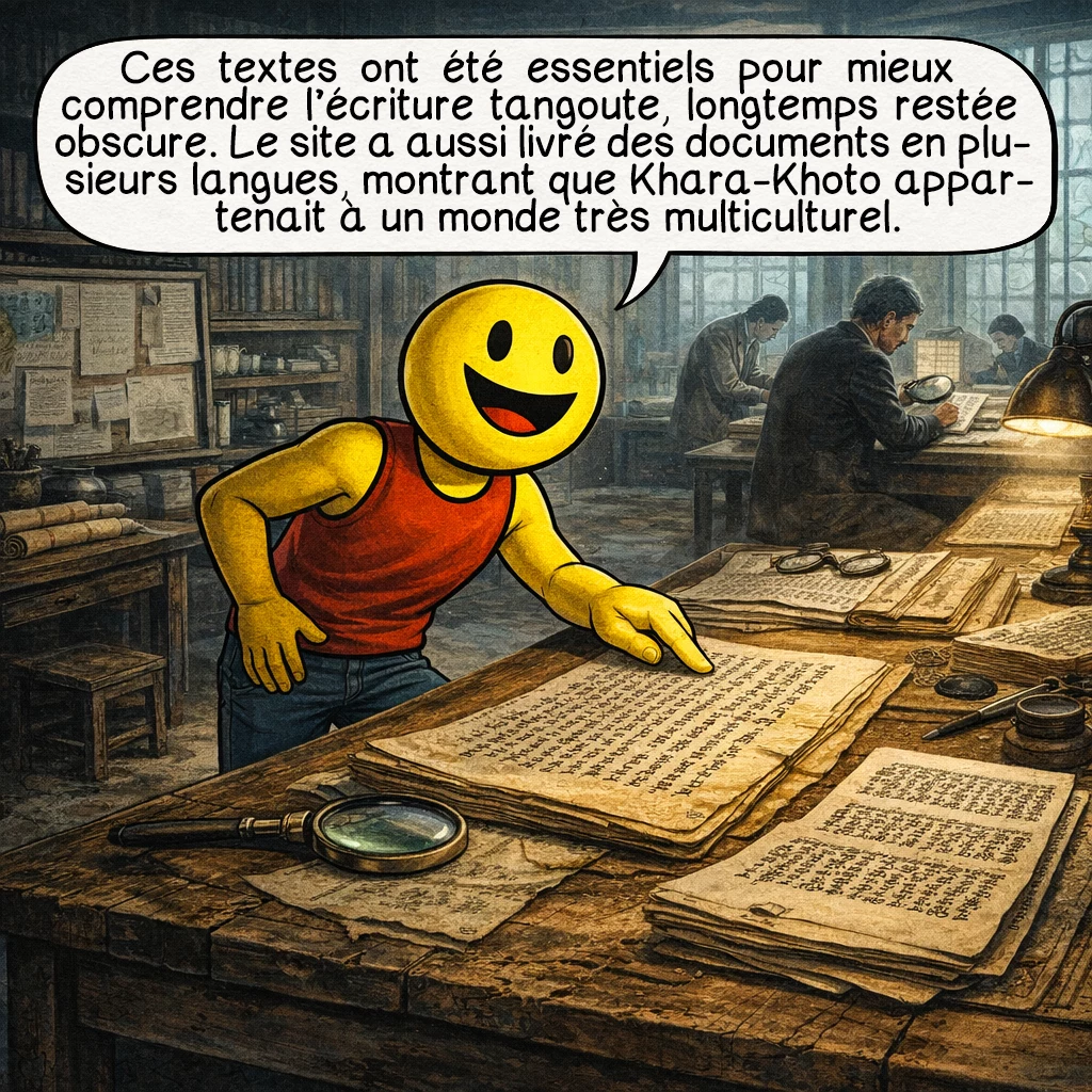 Khara-Khoto, case 6 : Ces textes ont été essentiels pour mieux comprendre l’écriture tangoute, longtemps restée obscure. Le site a aussi livré des documents en plusieurs langues, montrant que Khara-Khoto appartenait à un monde très multiculturel.