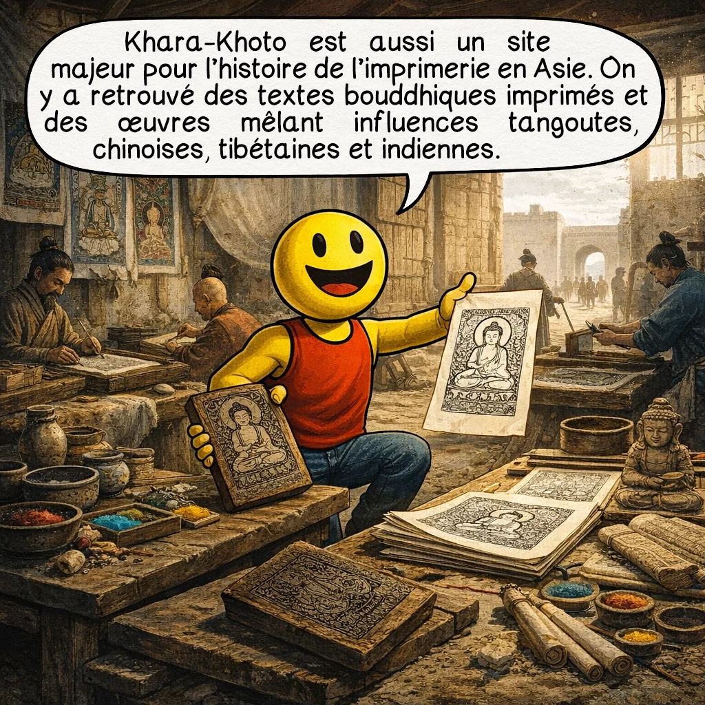 Khara-Khoto, case 7 : Khara-Khoto est aussi un site majeur pour l’histoire de l’imprimerie en Asie. On y a retrouvé des textes bouddhiques imprimés et des œuvres mêlant influences tangoutes, chinoises, tibétaines et indiennes.